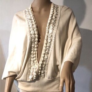 Design History cream cashmere blend deep V front embellished sweater size M